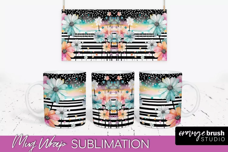 Pink Watercolor Flowers Mug Wrap - Floral Mug Sublimation