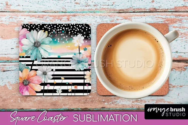 Watercolor Flowers Square Coaster - Floral Pink Sublimation