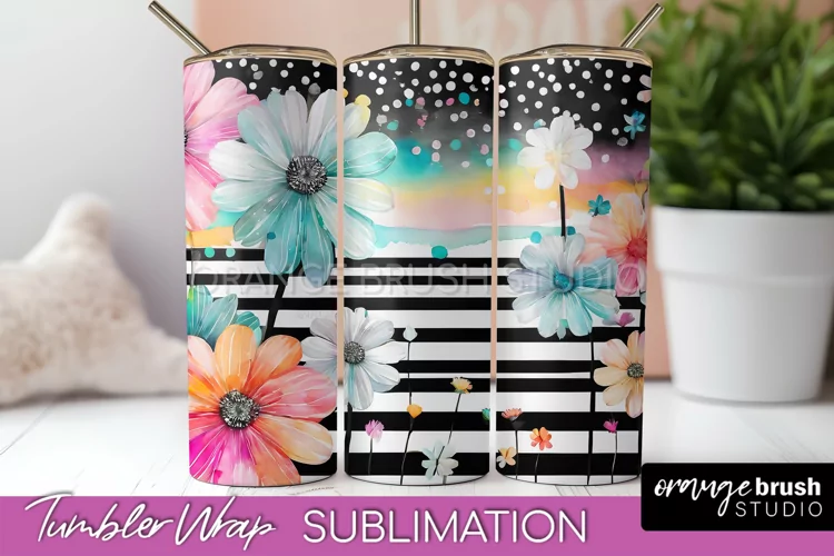 Floral Tumbler Wrap - Pink Flowers Watercolor Tumbler PNG