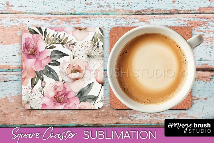 Watercolor Flowers Square Coaster - Floral Pink Sublimation