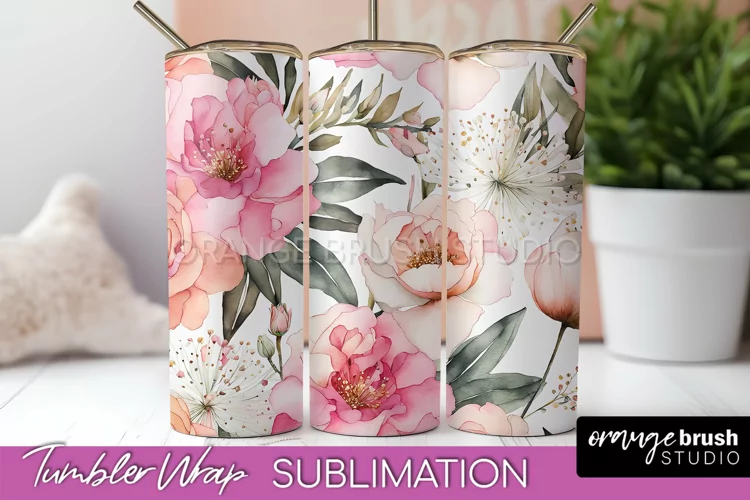 Floral Tumbler Wrap - Pink Flowers Watercolor Tumbler PNG