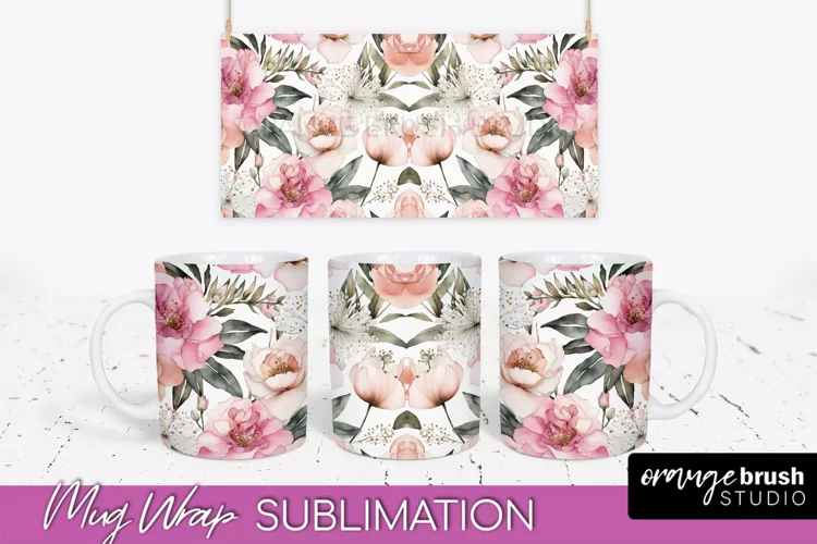 Pink Watercolor Flowers Mug Wrap - Floral Mug Sublimation