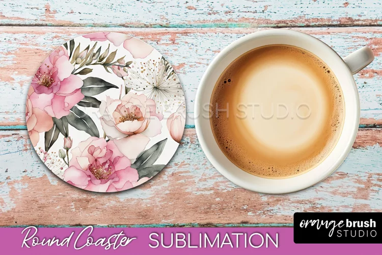Watercolor Flowers Round Coaster - Floral Pink Sublimation