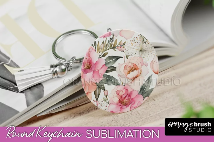 Pink Flowers Keychain, Floral Keychain Sublimation Design