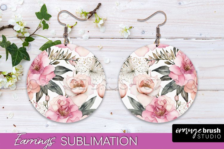Watercolor Flowers Earrings, Pink Floral Earring Sublimation example image 1