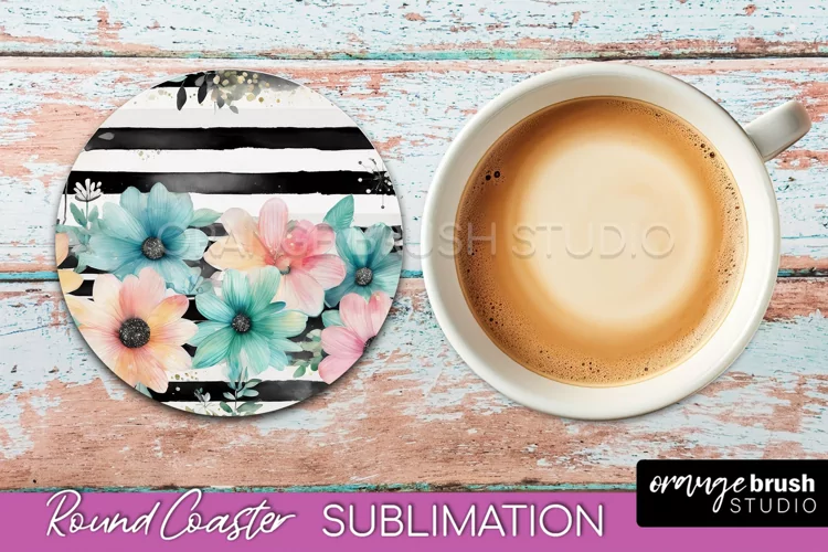 Watercolor Flowers Round Coaster - Floral Pink Sublimation