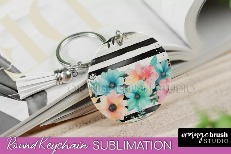 Pink Flowers Keychain, Floral Keychain Sublimation Design