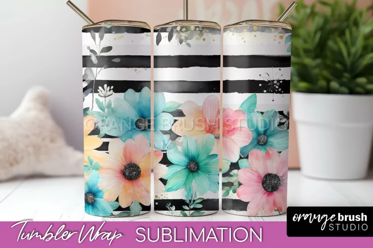 Floral Tumbler Wrap - Pink Flowers Watercolor Tumbler PNG