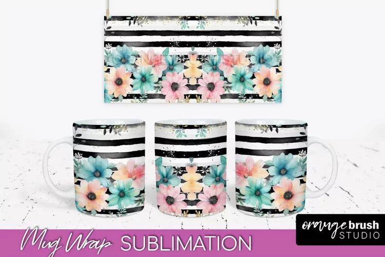 Pink Watercolor Flowers Mug Wrap - Floral Mug Sublimation