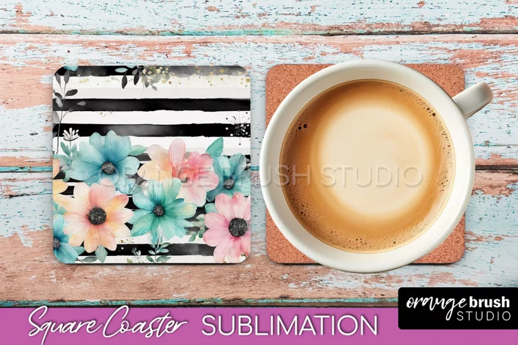 Watercolor Flowers Square Coaster - Floral Pink Sublimation