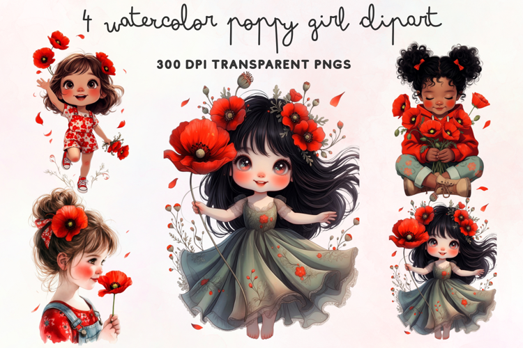Watercolor Poppy Girl Clipart PNG