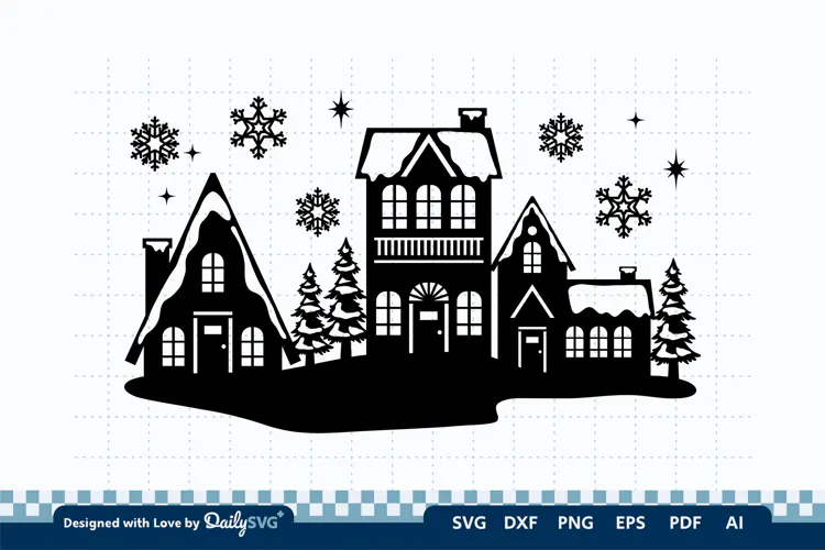 Winter Village Decal SVG | Snowy Christmas Scene Cut File