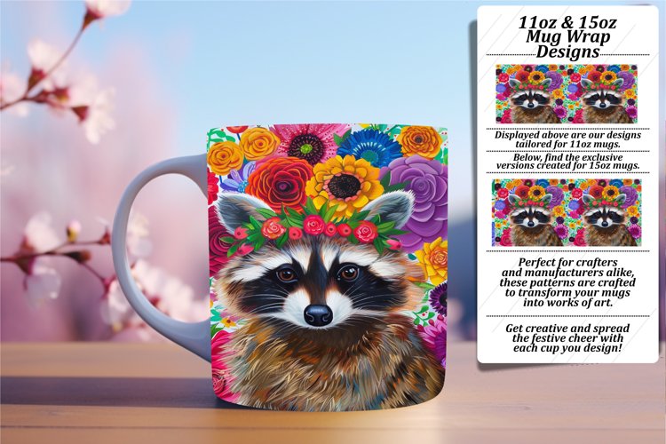 Raccoon with Flower Mug Wrap Sublimation Design