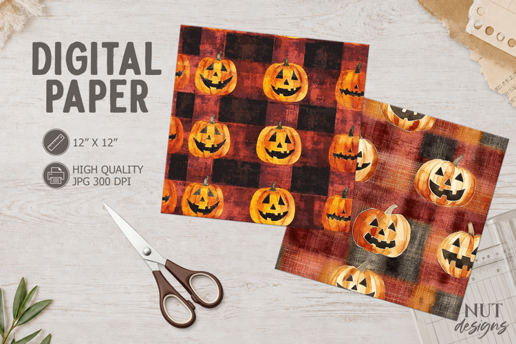 Vintage Jack O Lantern Plaid Digital Paper rustic halloween