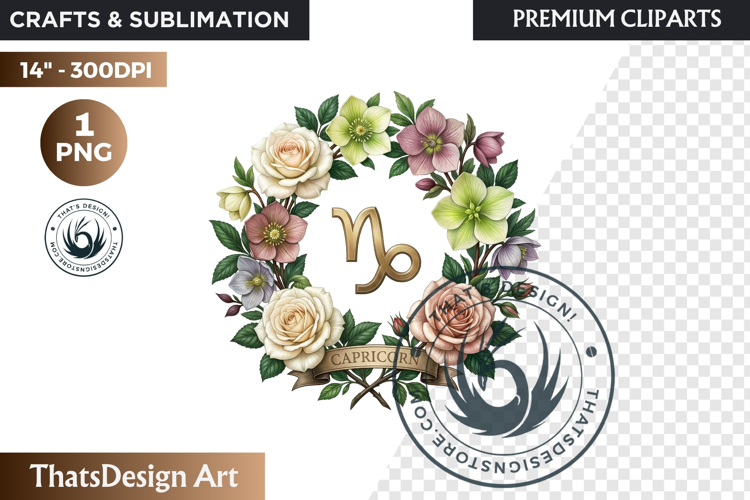 Capricorn Floral Zodiac Wreaths Clipart Astrology Flower PNG