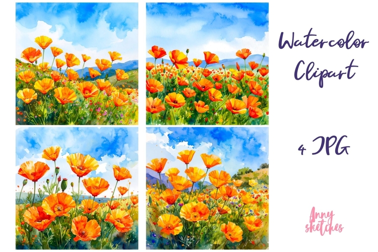 4 California Poppy Watercolor Clipart Poppy Fields