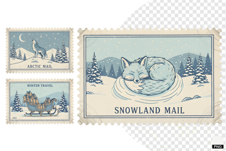 Vintage Winter Postage Stamps Clipart example image 1