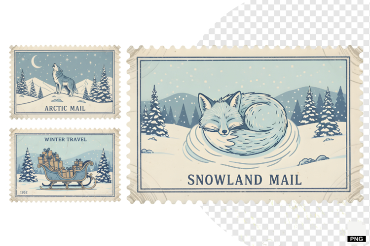 Vintage Winter Postage Stamps Clipart