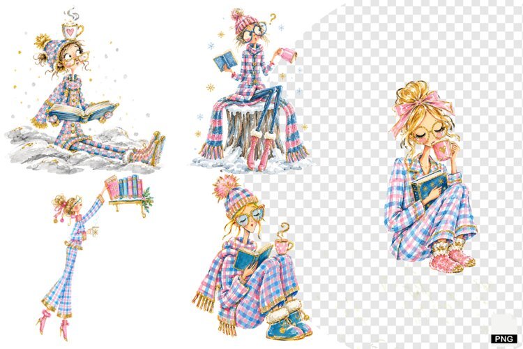 Winter Girl Love Coffee & Reading PNG example image 1