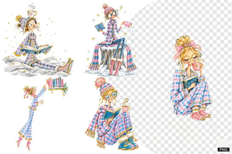 Winter Girl Love Coffee & Reading PNG