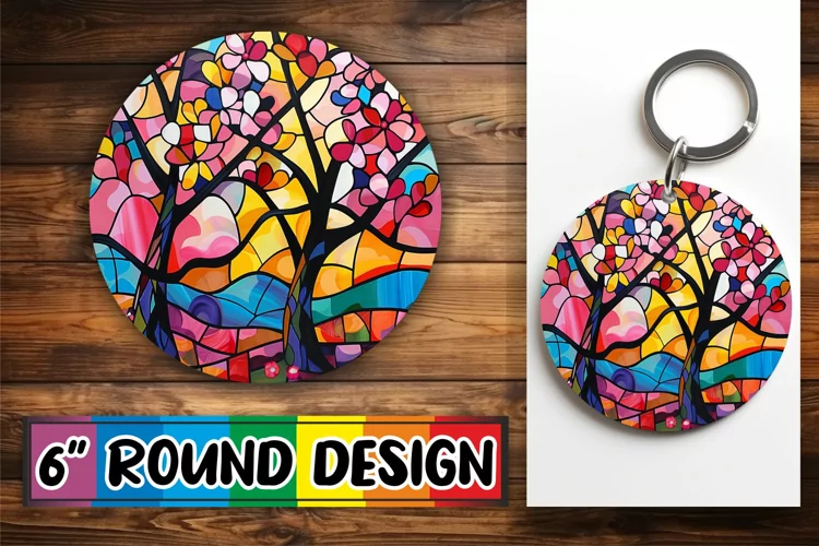 Stained Glass Tree Keychain Colorful Round Design Art