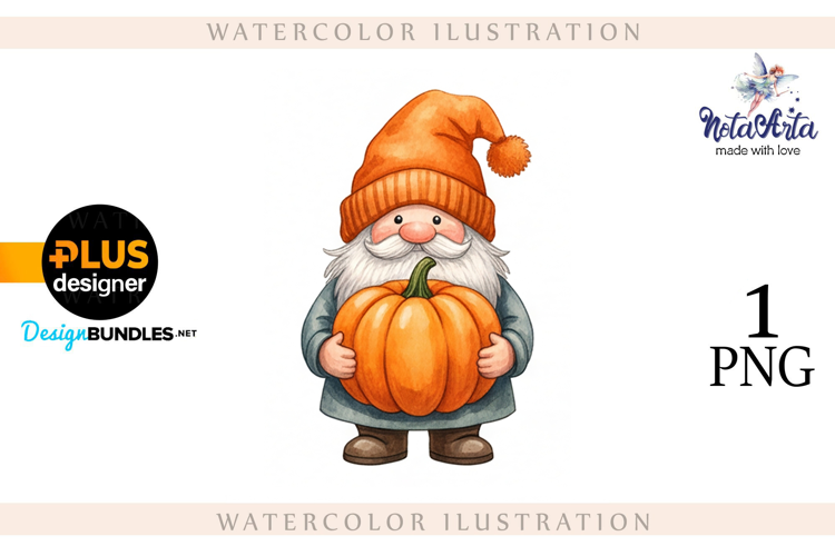 Gnomes with Pumpkin Harvest in Watercolor Style
