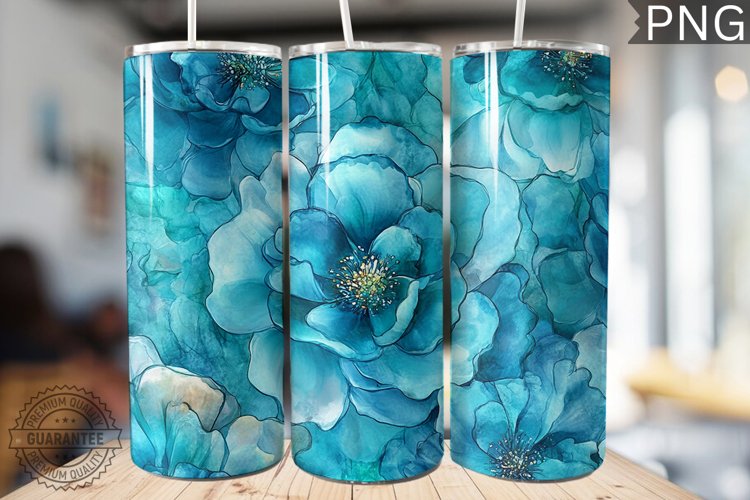 Teal Alcohol Ink Flower Tumbler Wrap -High Quality 300 Dpi