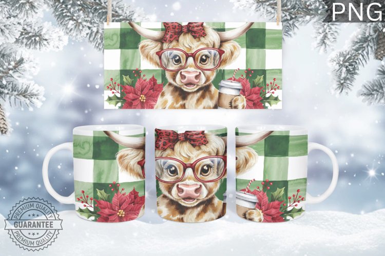 Christmas Mug Wrap Design-Christmas Highland Cow Sublimation
