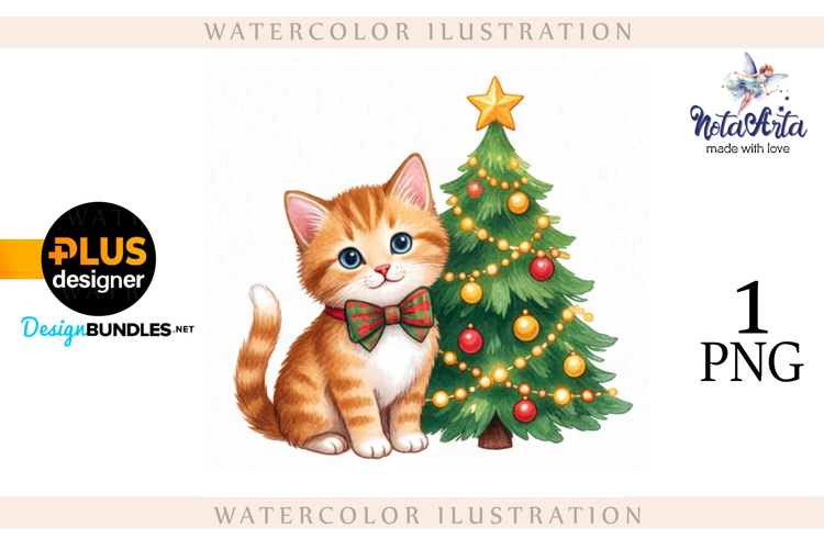 Christmas Kitten in Watercolor Style
