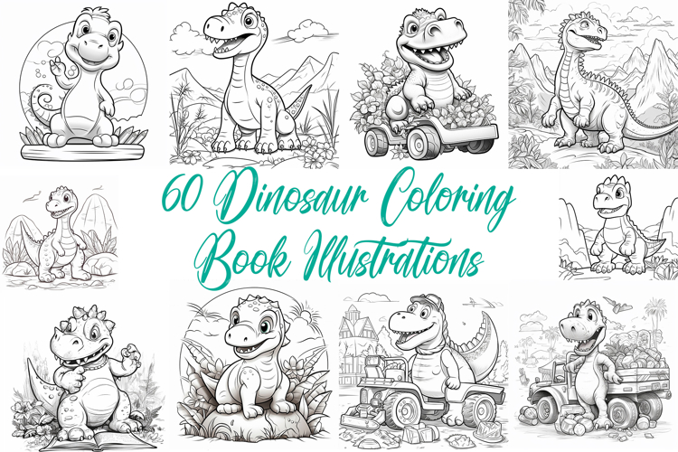 60 Dinosaur Coloring Pages Book Illustrations Printable JPG