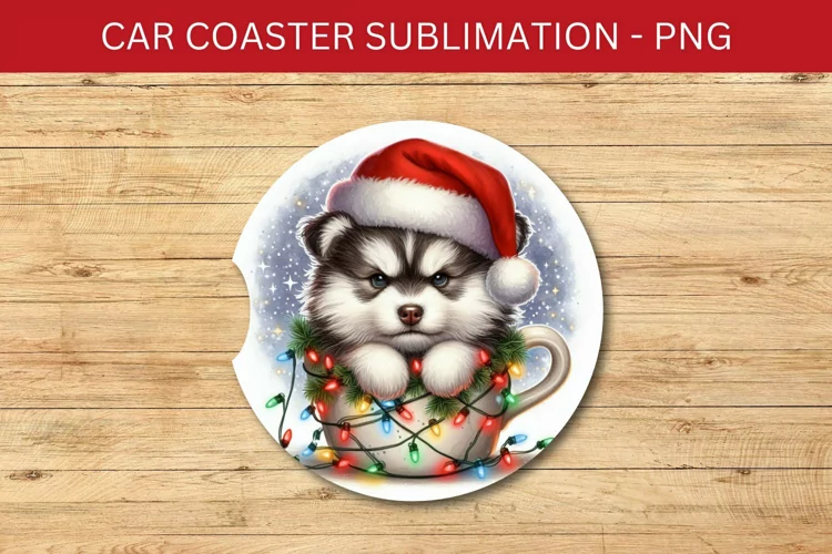 rounded car coaster - siberian husky puppy in the mug