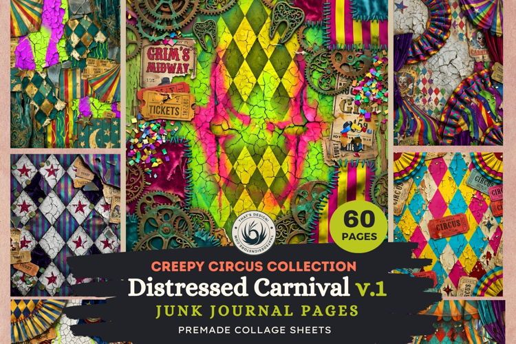 Distressed Carnival Journal pages 1, Halloween Creepy Circus