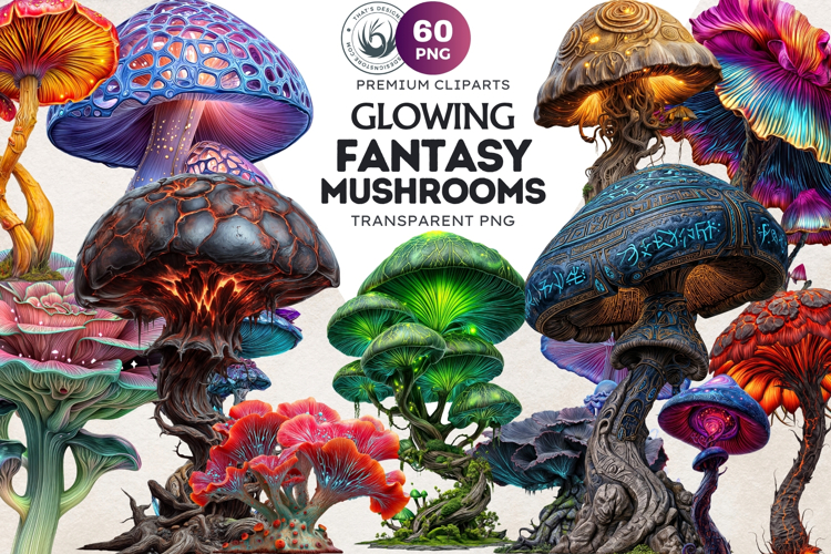 Glowing Fantasy Mushrooms PNG, Magic Mushroom Clipart