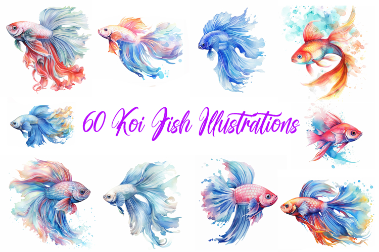 60 Koi Fish Watercolor Illustrations JPG Collection