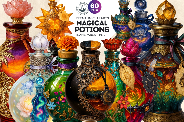 Magical Potion Bottles PNG, Fantasy Witchcraft Clipart