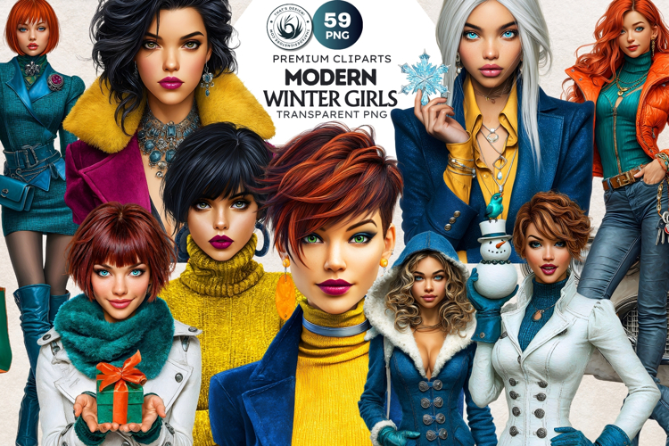 Modern Winter Girls Fashion Illustrations PNG Graphics