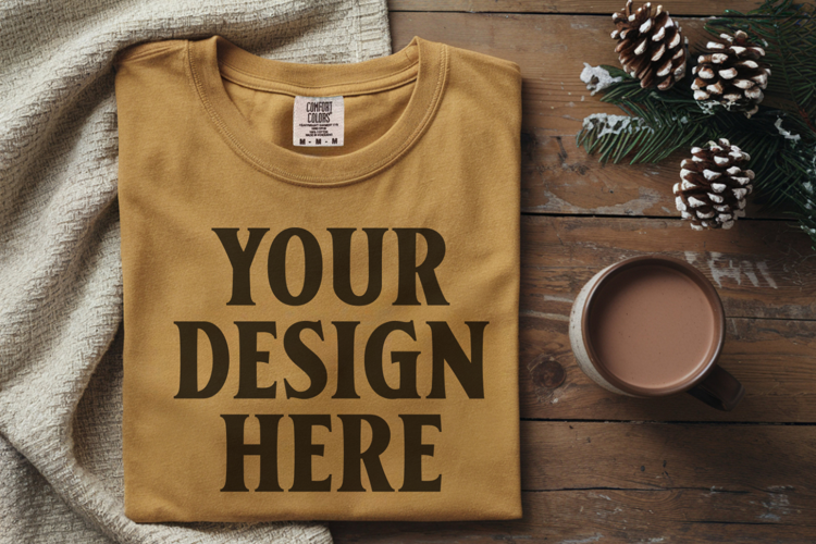 Mustard Comfort Colors 1717 Christmas Folded T-Shirt Mockup