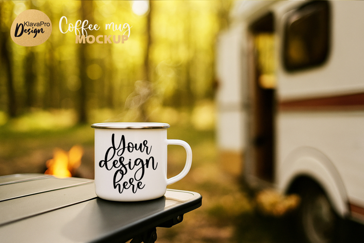 Camping Mug Mockup Enamel Cup Camper Fire Forest