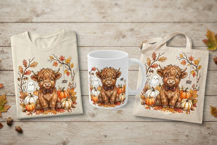 Cute Baby Highland Cow Fall Ghost and Pumpkins Art