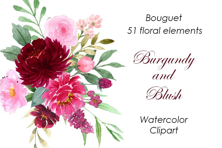 Burgundy and blush-Watercolor floral clipart-Floral elements example image 1