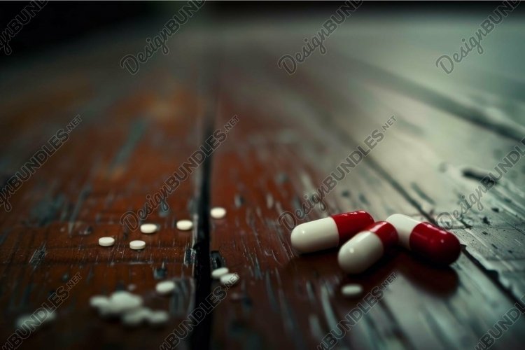 Red and white pills spilling on worn wooden table