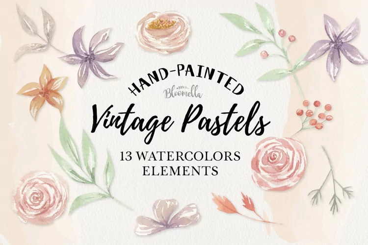 Vintage Florals Pastels Watercolor 13 Elements Flowers Pink