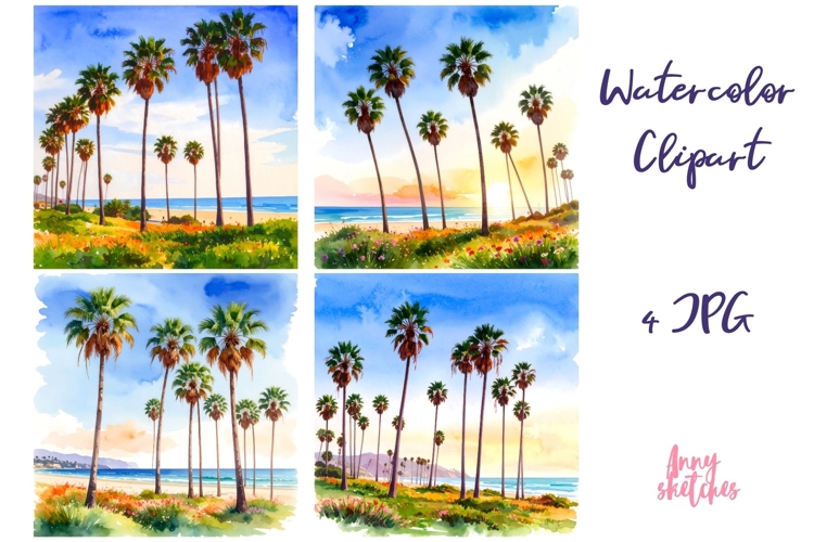 4 California Clipart with Palms Watercolor Landscape 4 JPGs