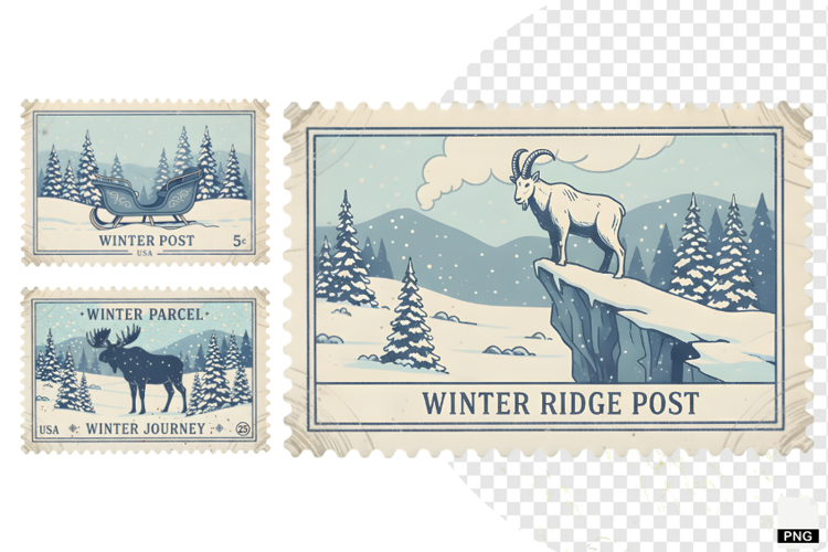 Vintage Winter Postage Stamps Clipart