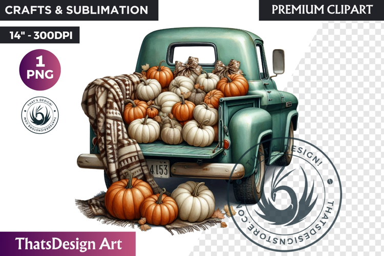 Fall Vintage Truck with Pumpkin PNG clipart thanksgiving
