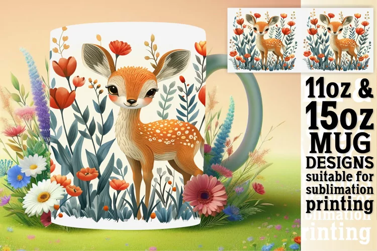 Sublimation Mug Wrap Deer Watercolor Pattern