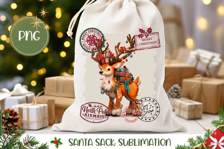 Cartoon Christmas Presents Santa Sack, Winter Deer Gift Bag