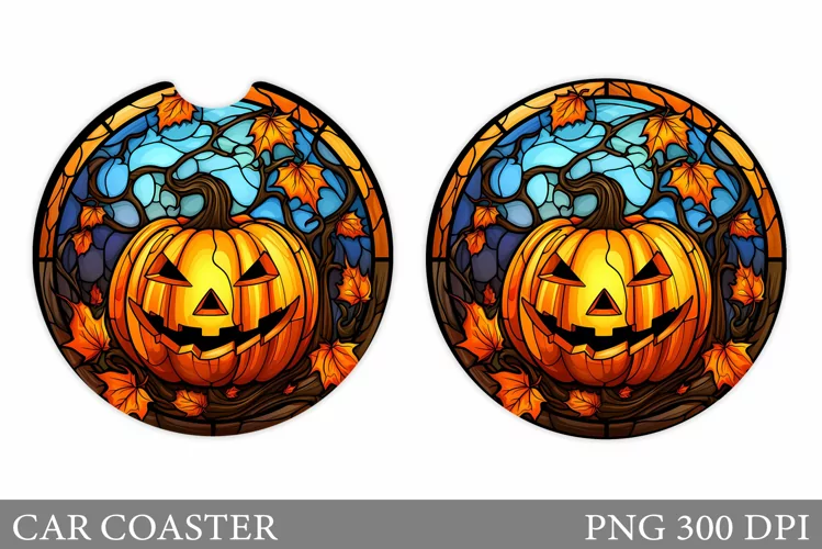 Halloween Pumpkin Car Coaster. Stained Glass Car Coaster