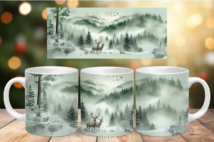 Mug Wrap Sublimation - misty forest with deer