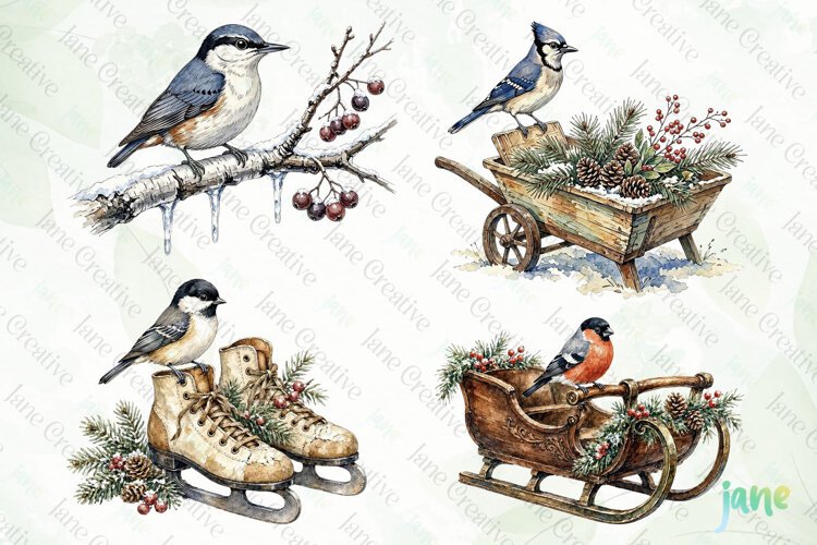 Vintage Winter Bird Clipart example image 1